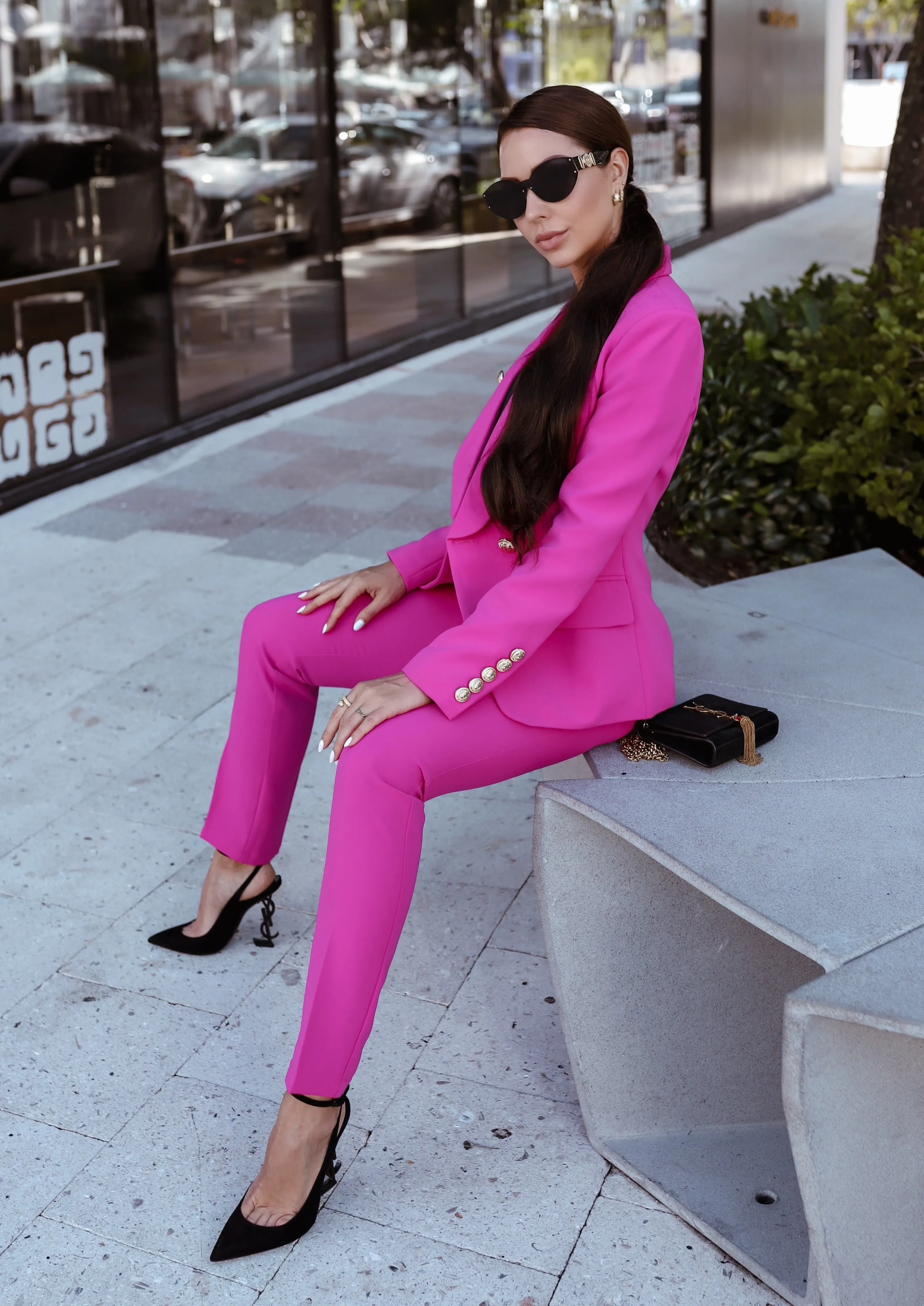 Double Breasted Blazer & Pants Suit Set - Pink Berry