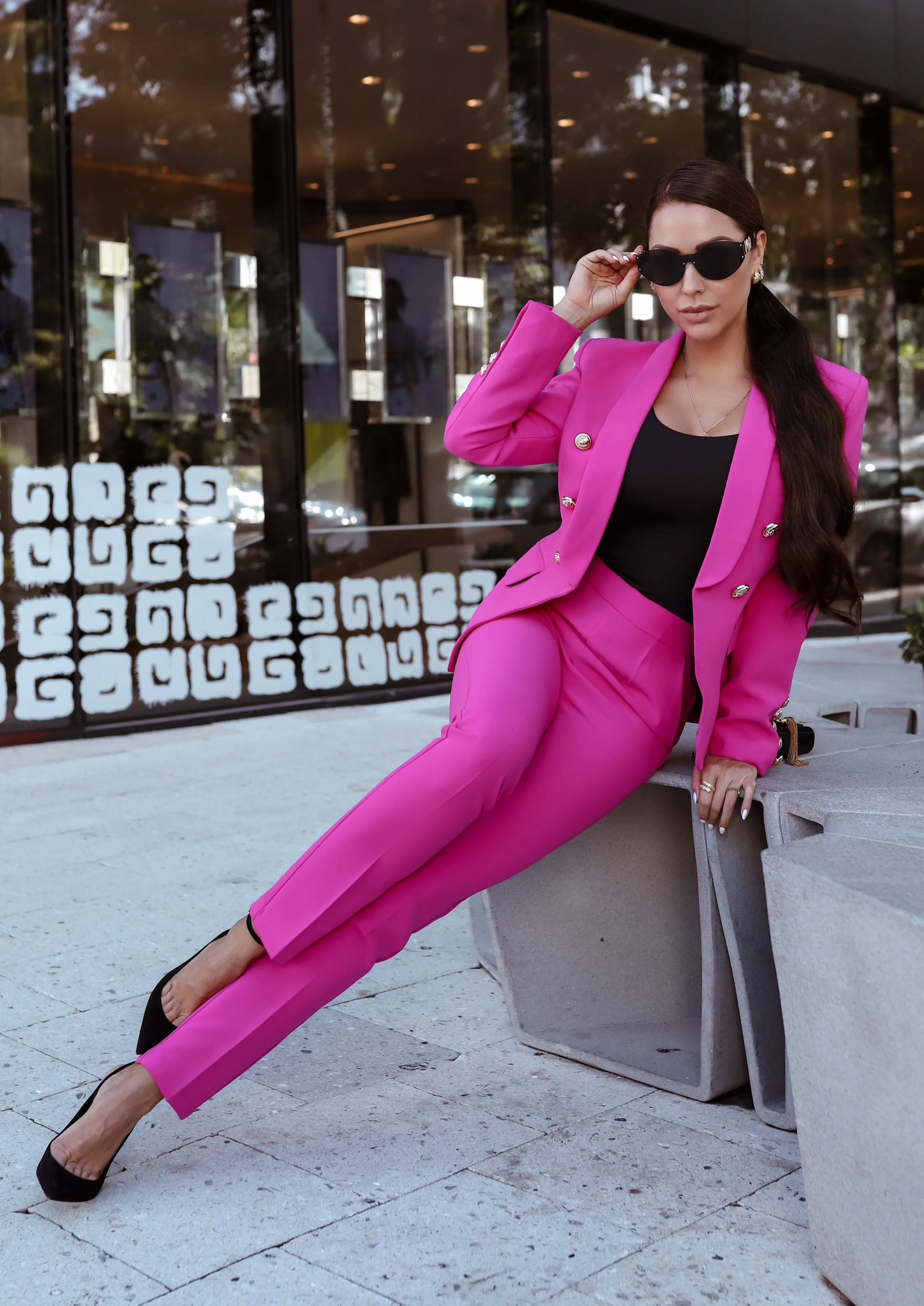 Double Breasted Blazer & Pants Suit Set - Pink Berry