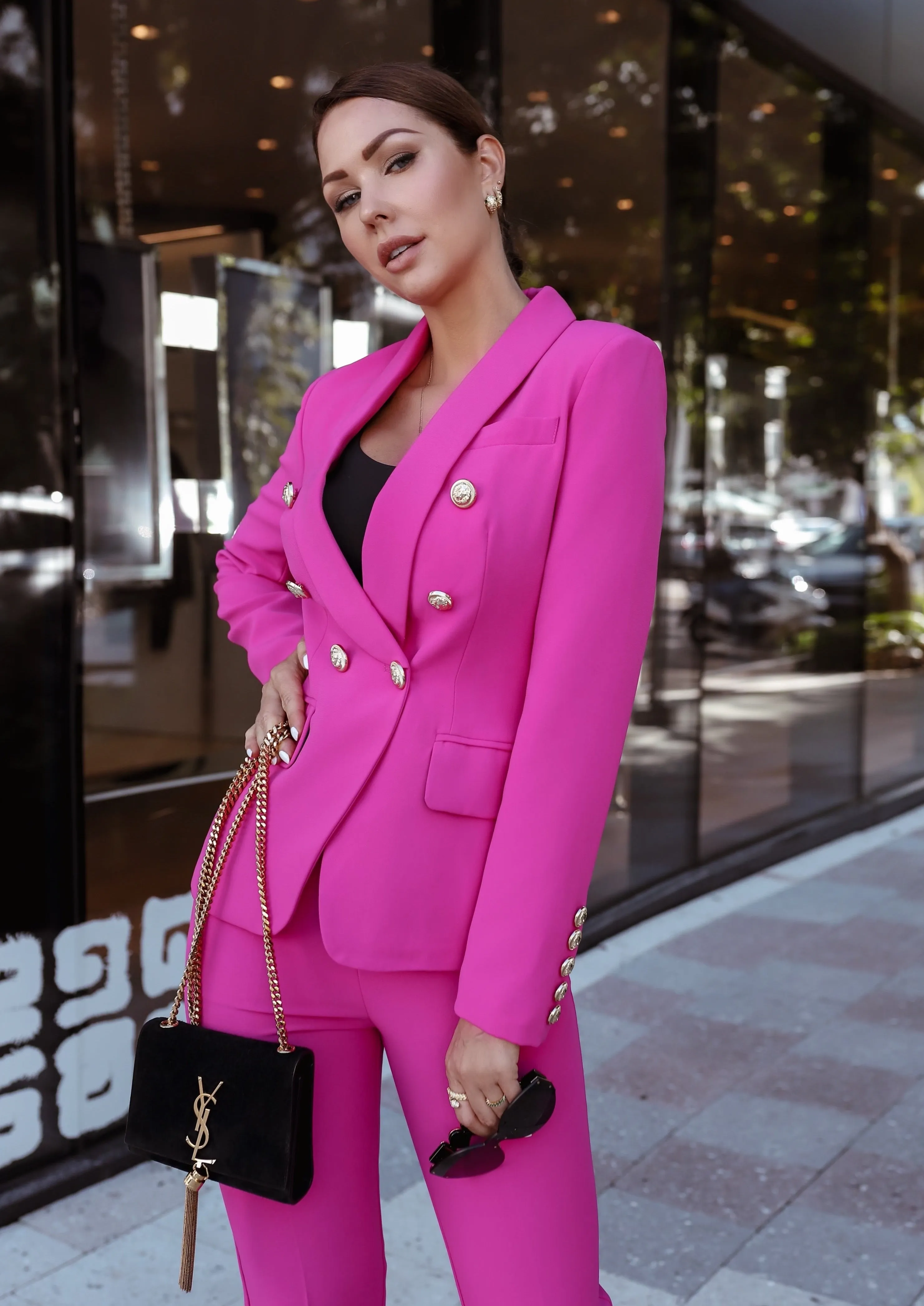 Double Breasted Blazer & Pants Suit Set - Pink Berry