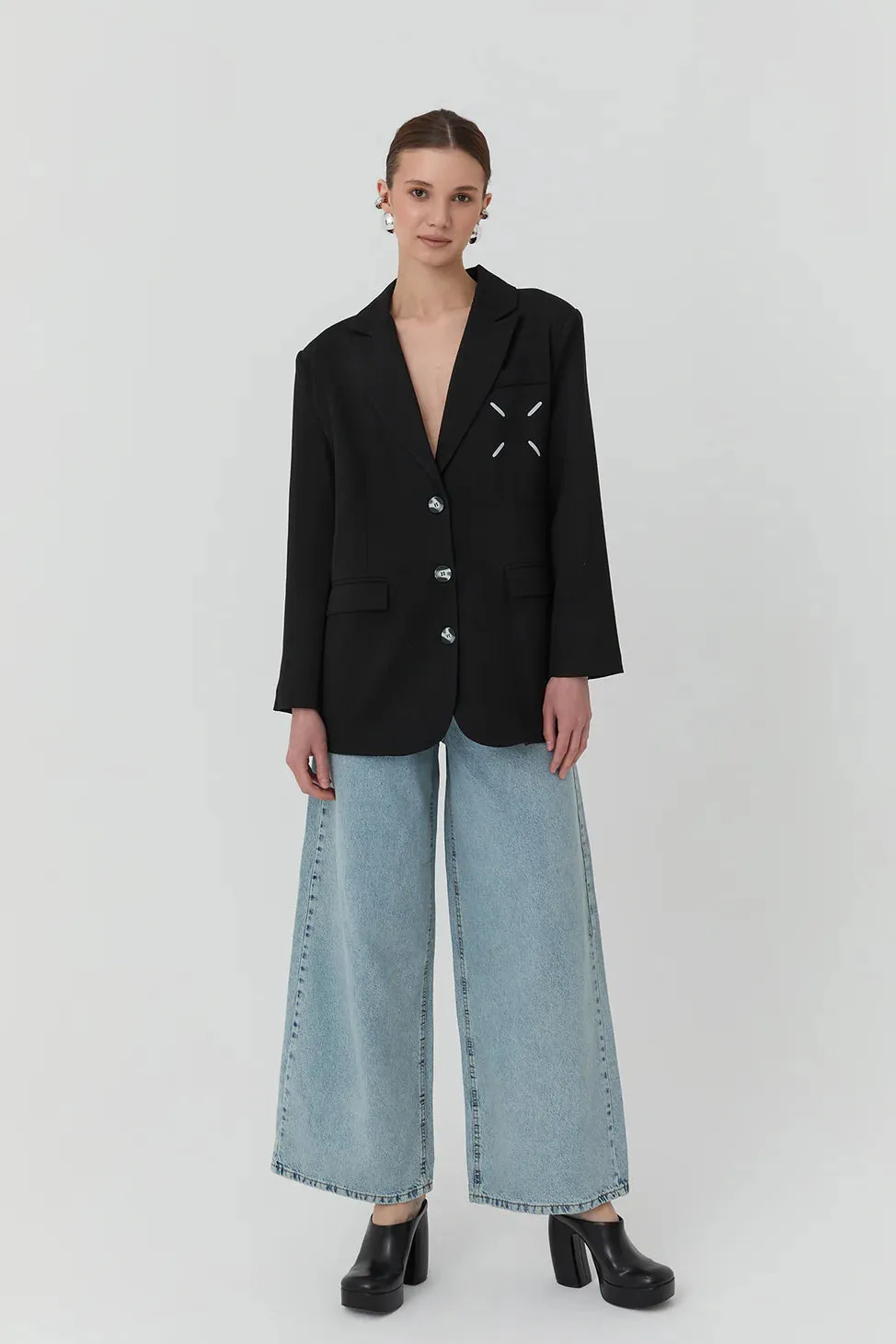 Double Breasted Blazer Jacket with Number Print on Back Black