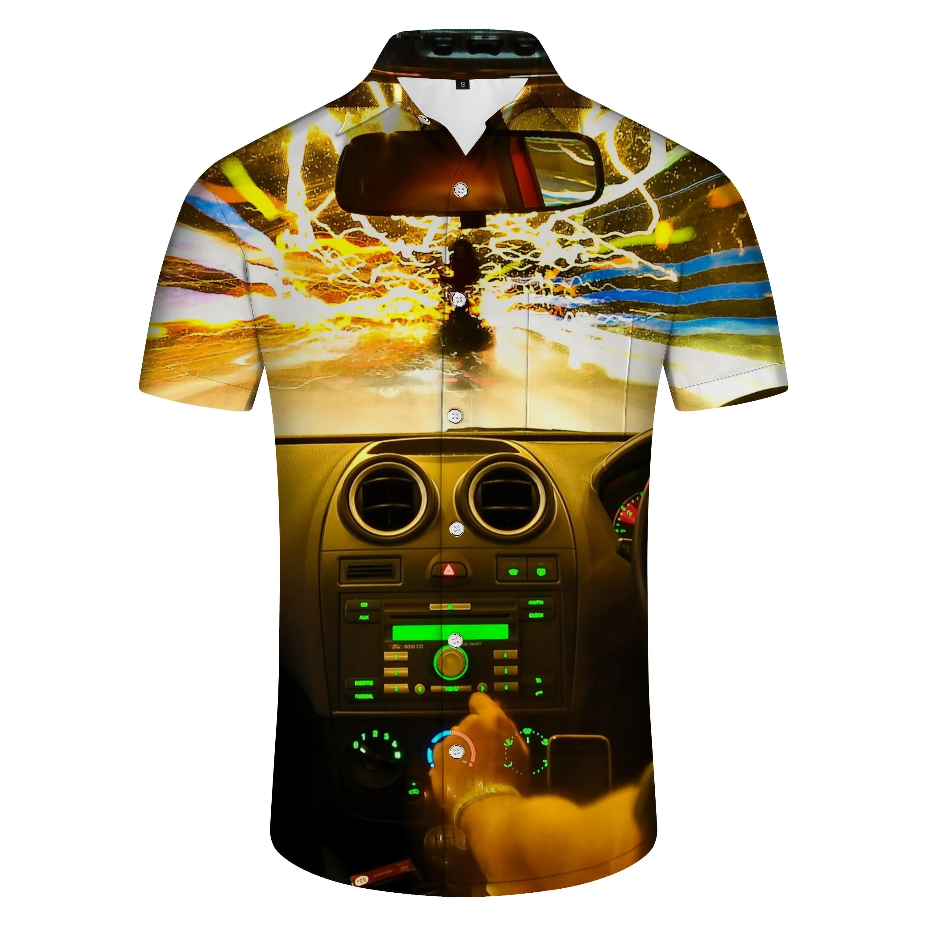 Exciting Lightning Cars Casual Shirts Fun Summer Short Sleeve Mens Hawaiian Pocket Button Shirt Polyester