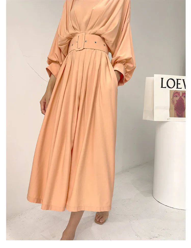 French elegant bat sleeve pleated waist midi loose swing dress - Kweai