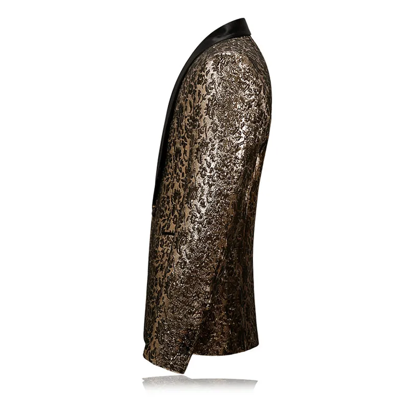 Gold Floral Fancy Shawl Collar Slim Fit Men Blazer