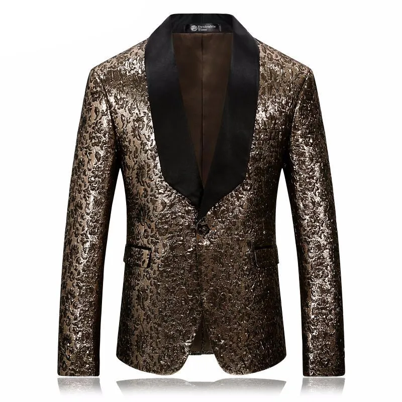 Gold Floral Fancy Shawl Collar Slim Fit Men Blazer