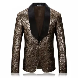 Gold Floral Fancy Shawl Collar Slim Fit Men Blazer