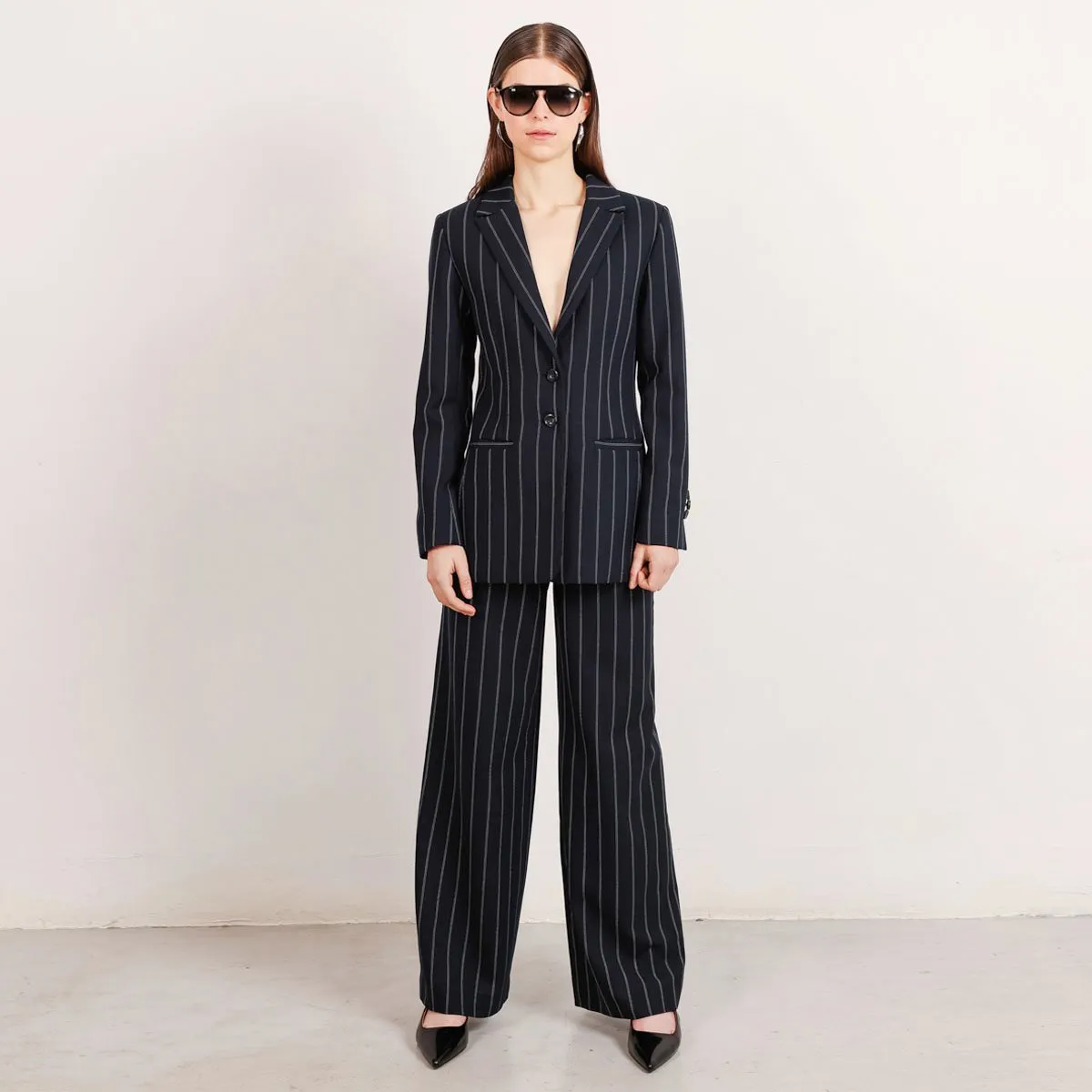 Grace Wool Pinstripe Blazer Black