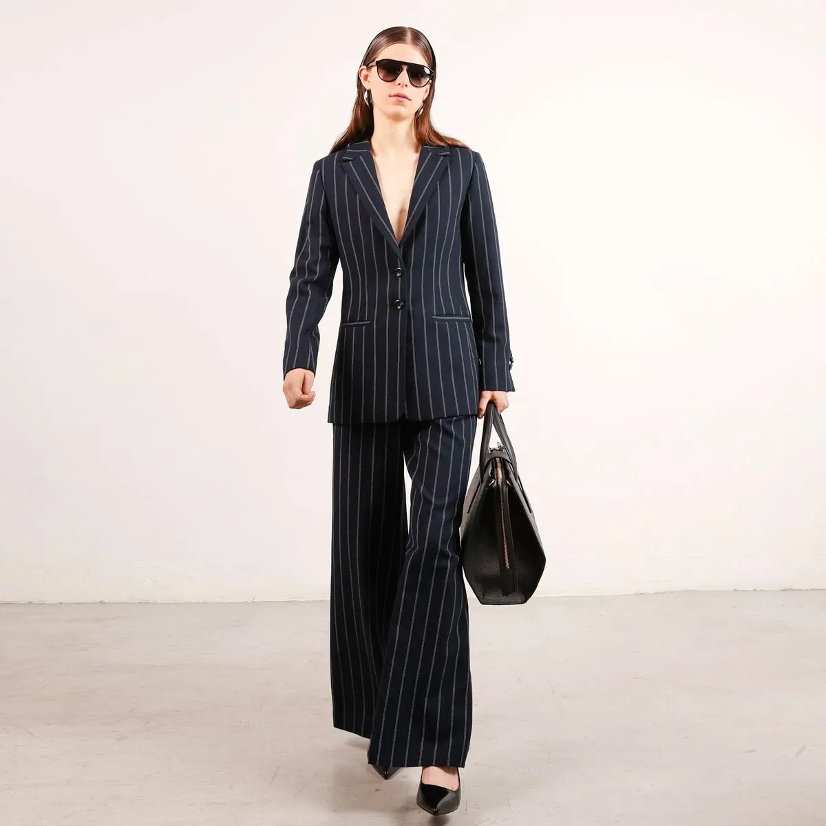 Grace Wool Pinstripe Blazer Black