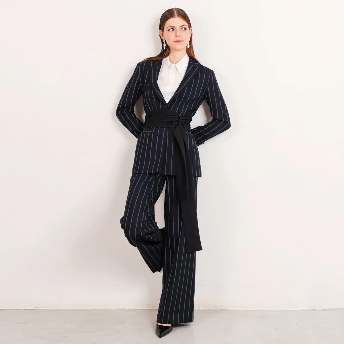 Grace Wool Pinstripe Blazer Black