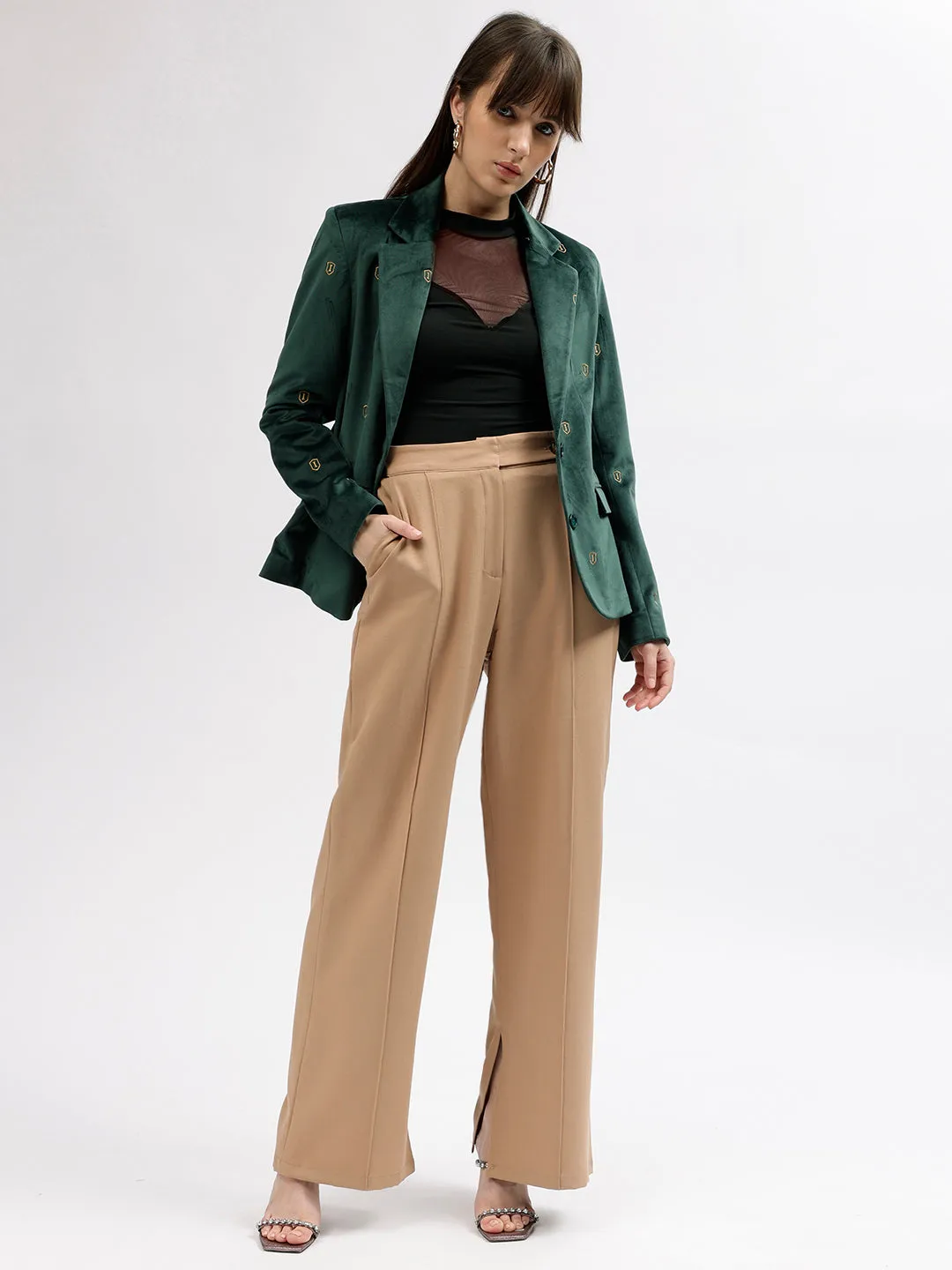 Iconic Women Green Solid Notched Lapel Full Sleeves Blazer