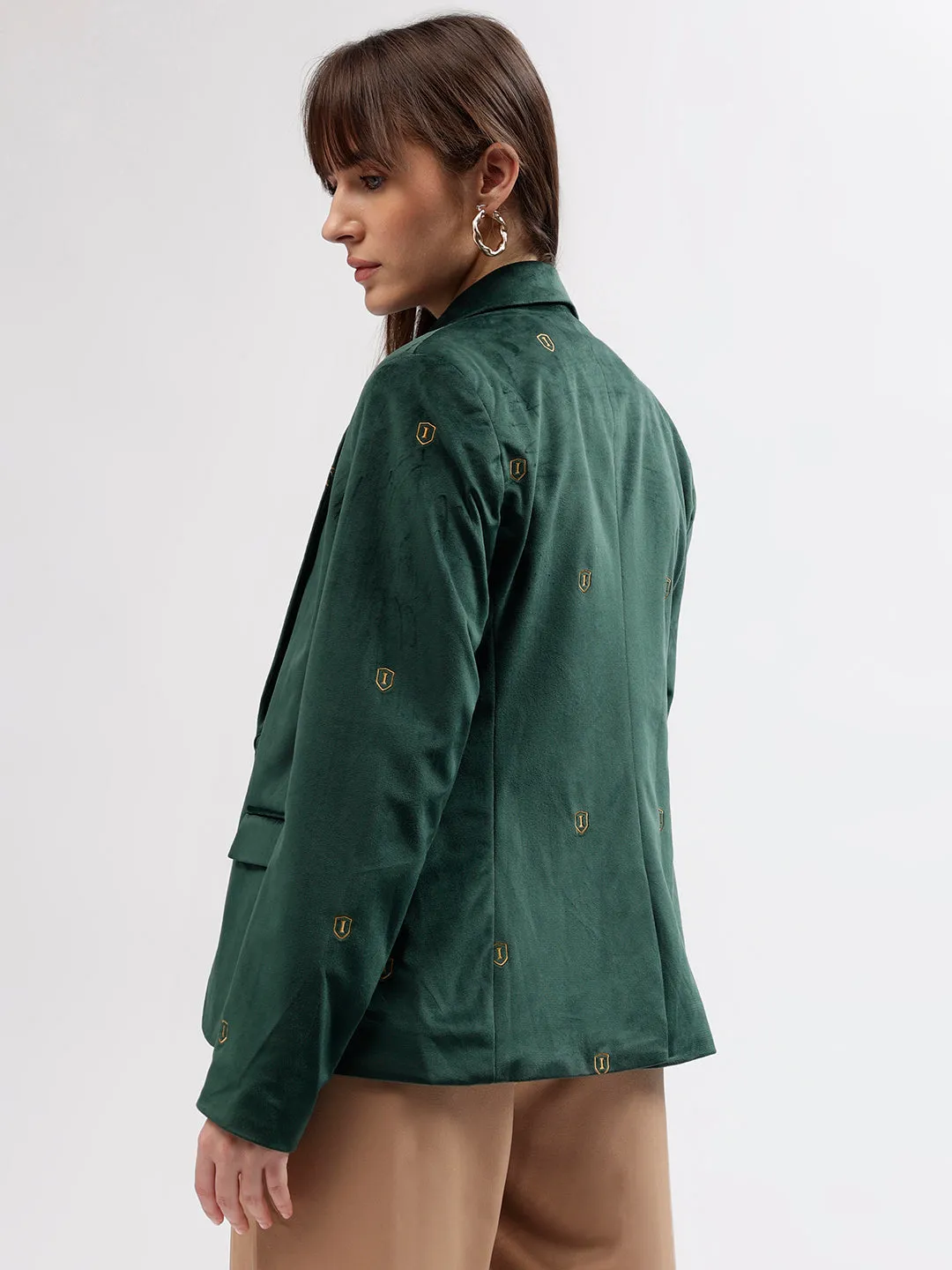 Iconic Women Green Solid Notched Lapel Full Sleeves Blazer