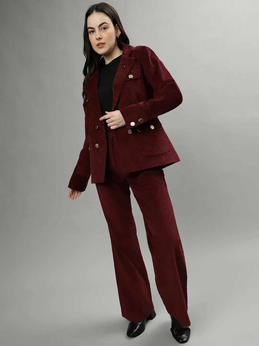 Iconic Women Wine Double-Breasted Notched Lapel Long Sleeves Blazer