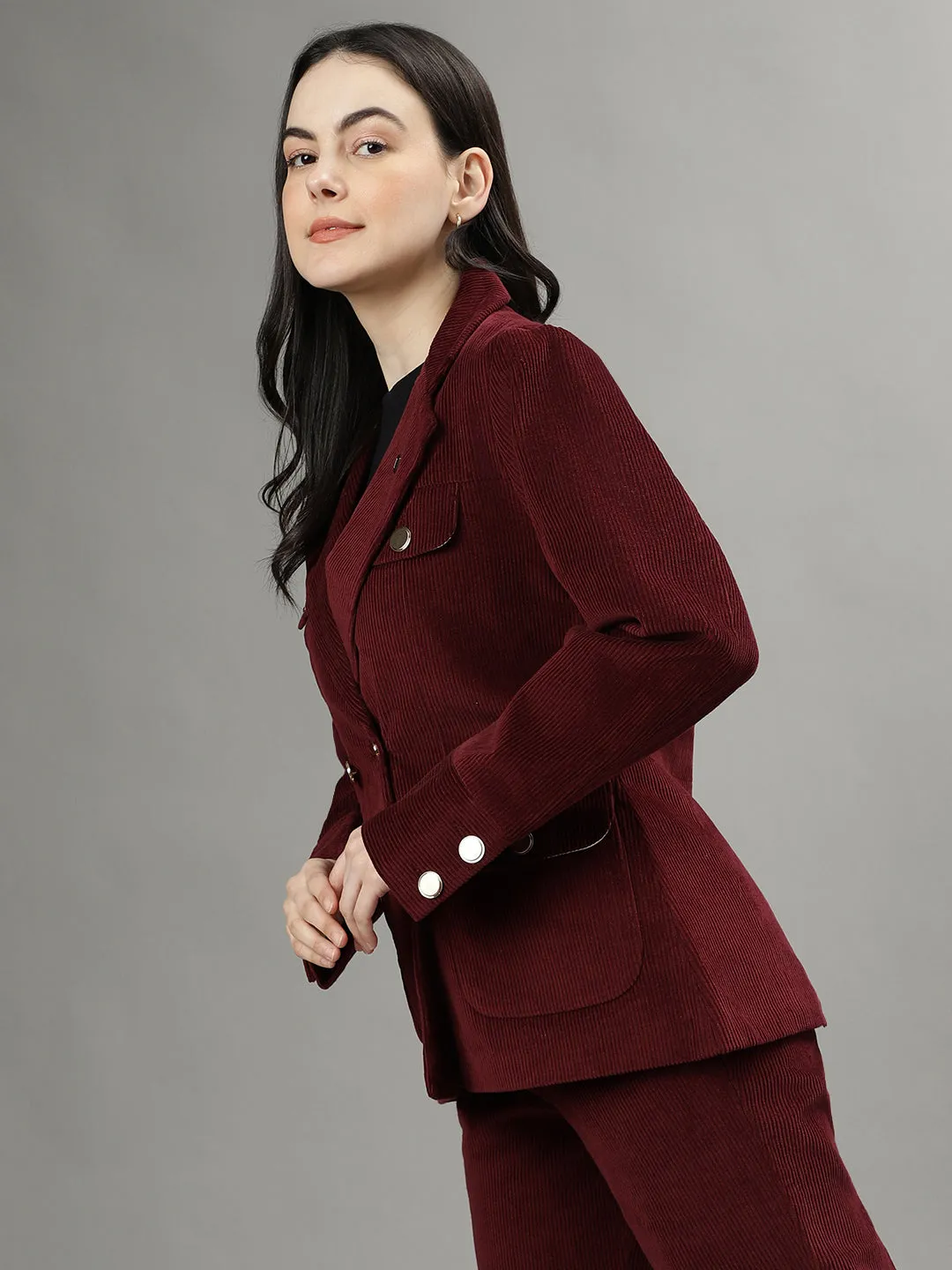 Iconic Women Wine Double-Breasted Notched Lapel Long Sleeves Blazer
