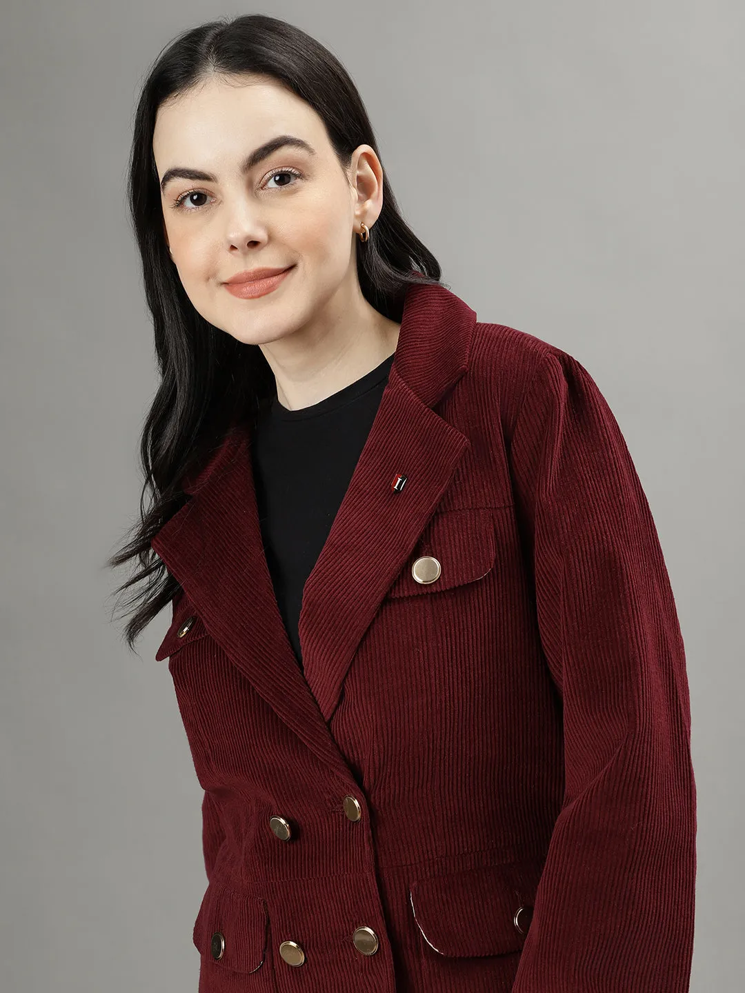 Iconic Women Wine Solid Notch Lapel Full Sleeves Blazer