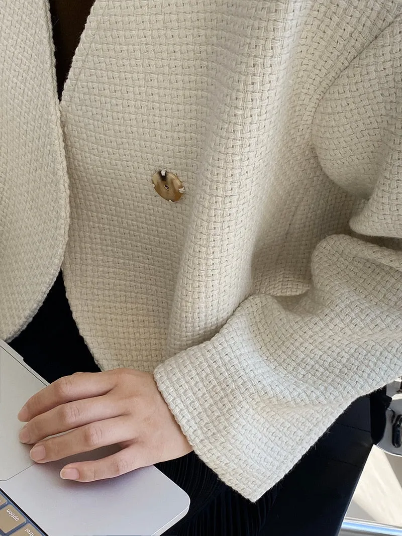 [Korean Style] High Quality Minimalistic Off white Collarless Cropped Tweed Jacket