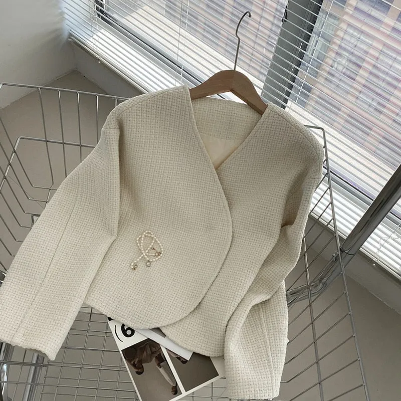 [Korean Style] High Quality Minimalistic Off white Collarless Cropped Tweed Jacket