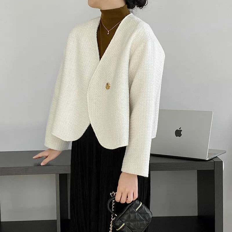 [Korean Style] High Quality Minimalistic Off white Collarless Cropped Tweed Jacket
