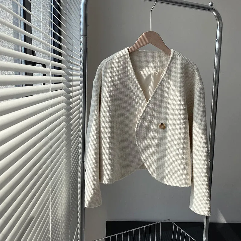 [Korean Style] High Quality Minimalistic Off white Collarless Cropped Tweed Jacket