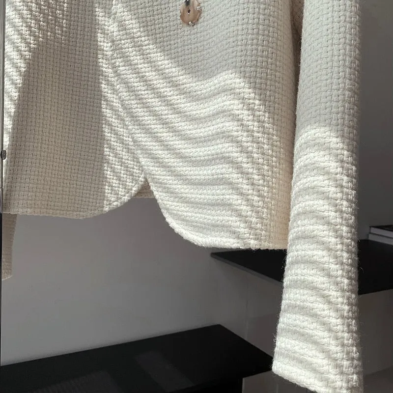 [Korean Style] High Quality Minimalistic Off white Collarless Cropped Tweed Jacket