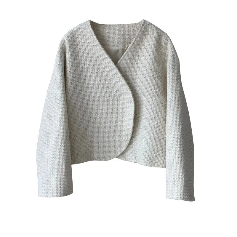 [Korean Style] High Quality Minimalistic Off white Collarless Cropped Tweed Jacket