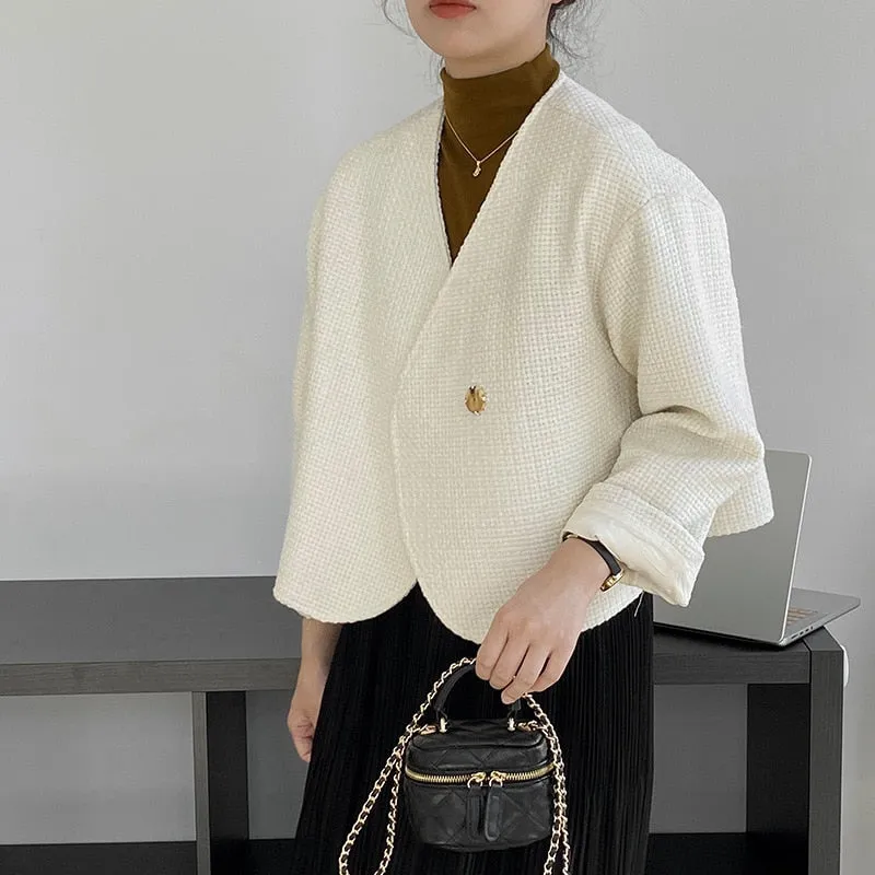 [Korean Style] High Quality Minimalistic Off white Collarless Cropped Tweed Jacket