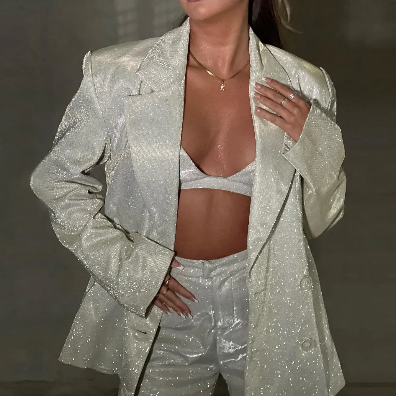 Ladies glitter Paloma blazer trouser set night out outfit