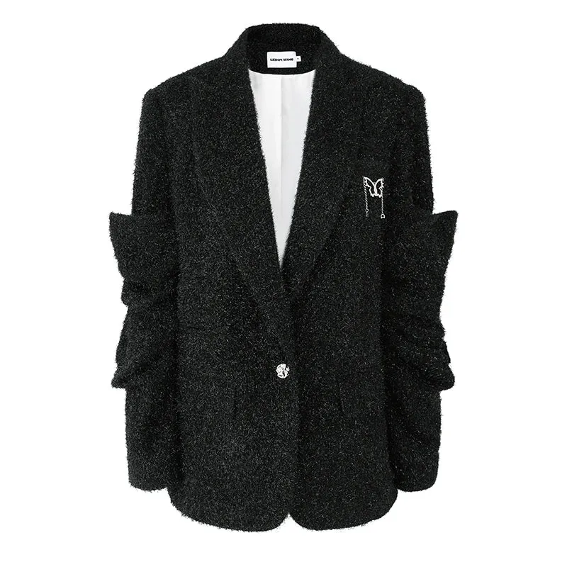 LEDIM W sutumn bright silk pleated black blazer jacket - Isy