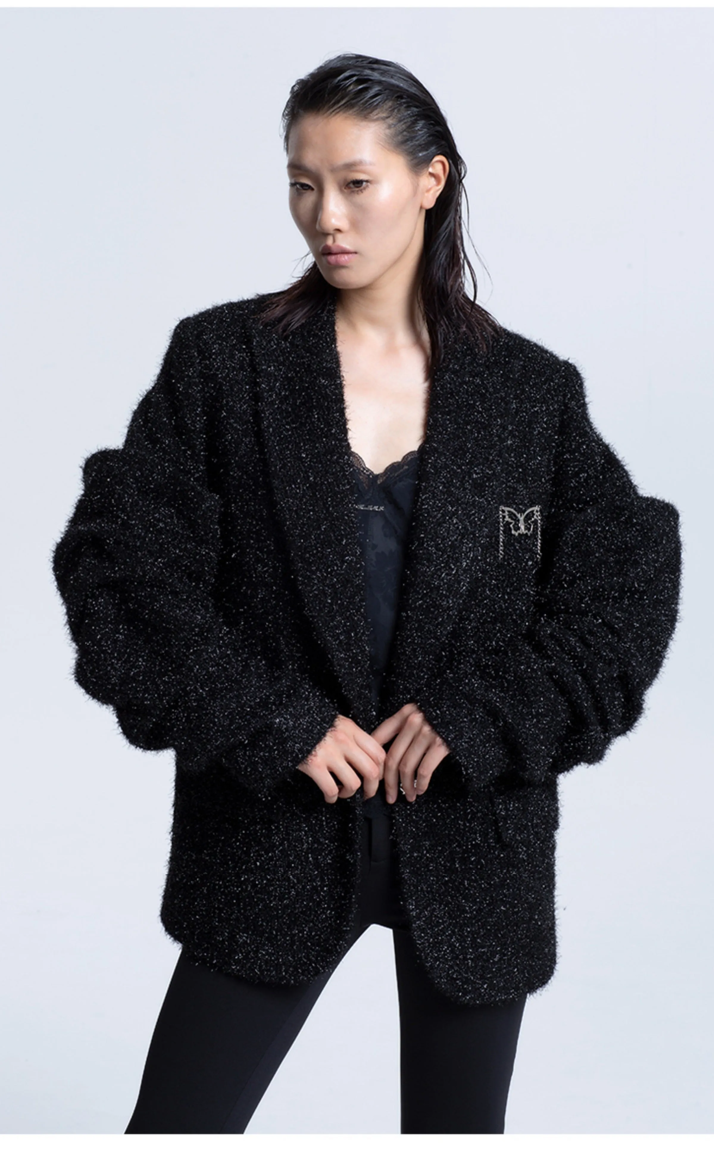 LEDIM W sutumn bright silk pleated black blazer jacket - Isy