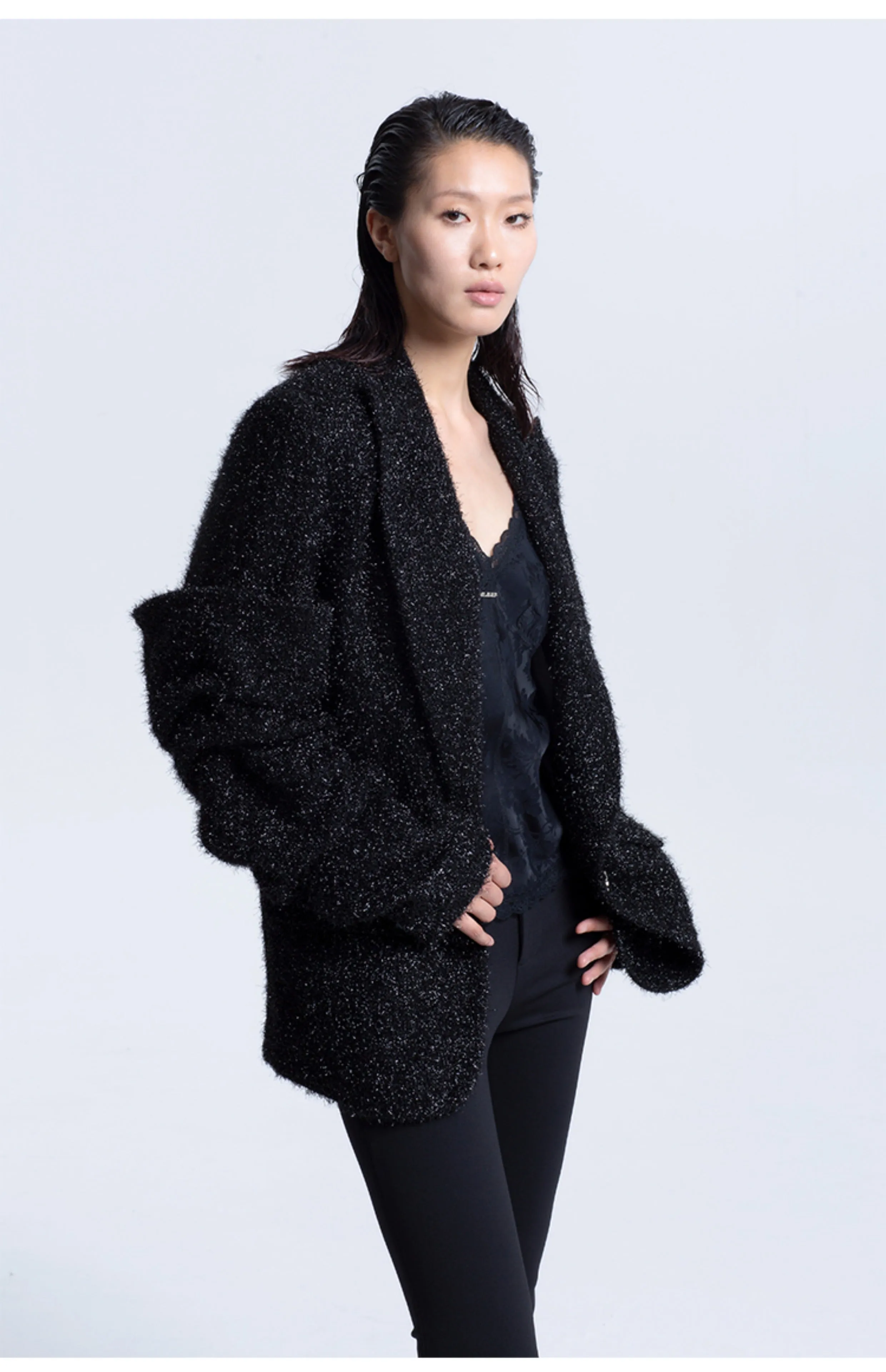 LEDIM W sutumn bright silk pleated black blazer jacket - Isy