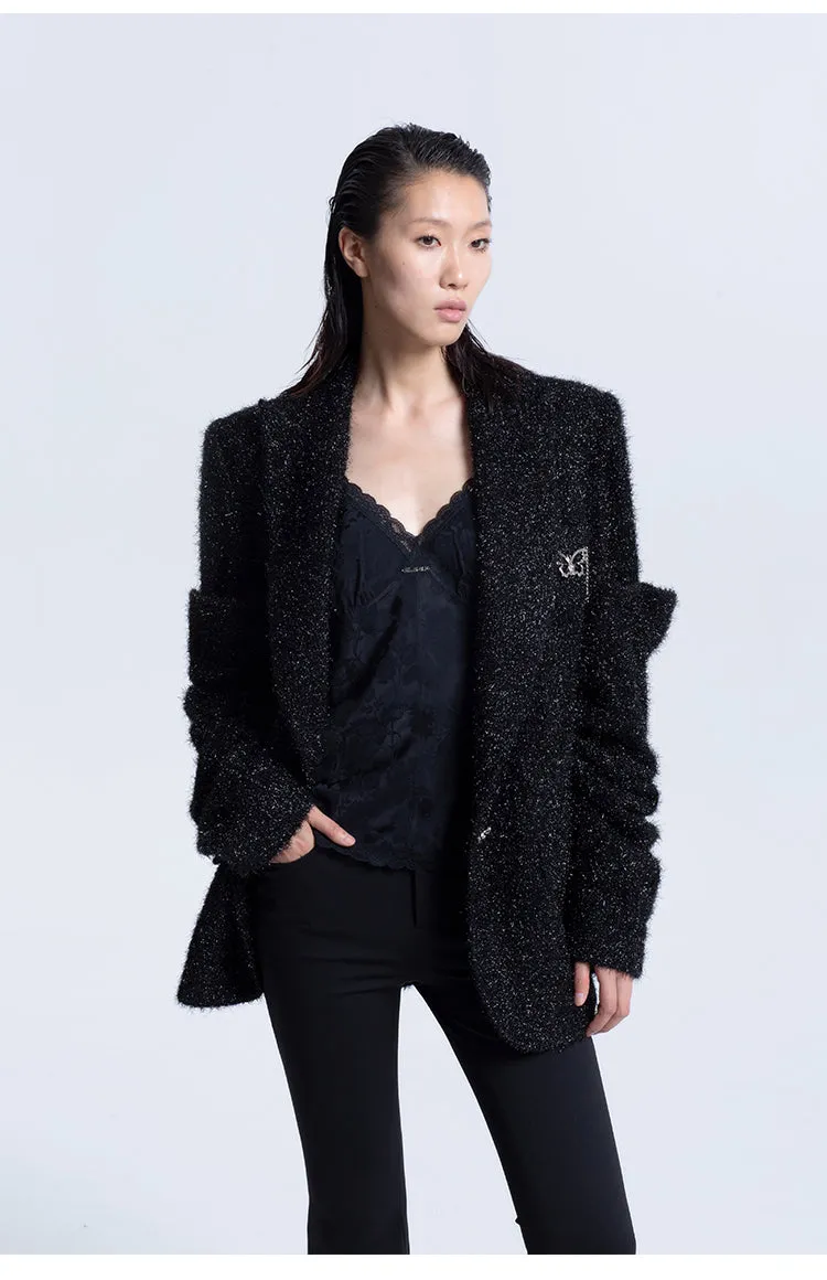 LEDIM W sutumn bright silk pleated black blazer jacket - Isy