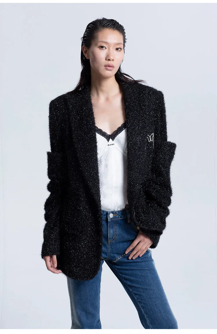 LEDIM W sutumn bright silk pleated black blazer jacket - Isy