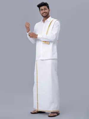 Men Cotton White Full Sleeves Shirt with 1/2'' inch Jari Single Dhoti & Towel Combo