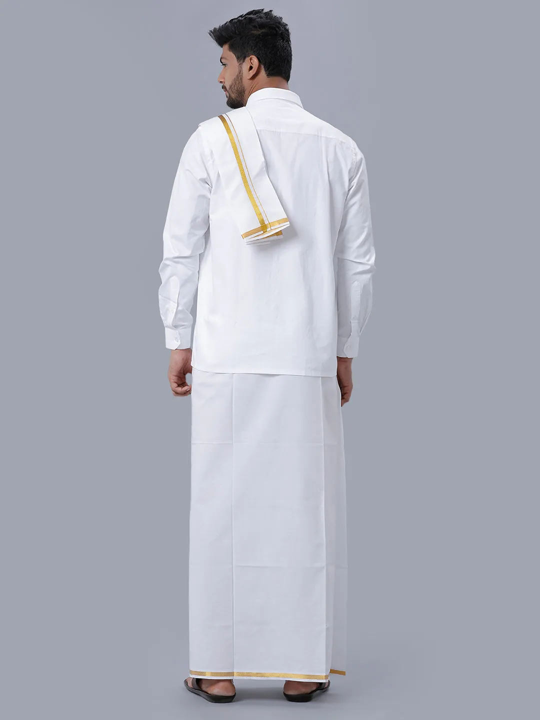 Men Cotton White Full Sleeves Shirt with 1/2'' inch Jari Single Dhoti & Towel Combo