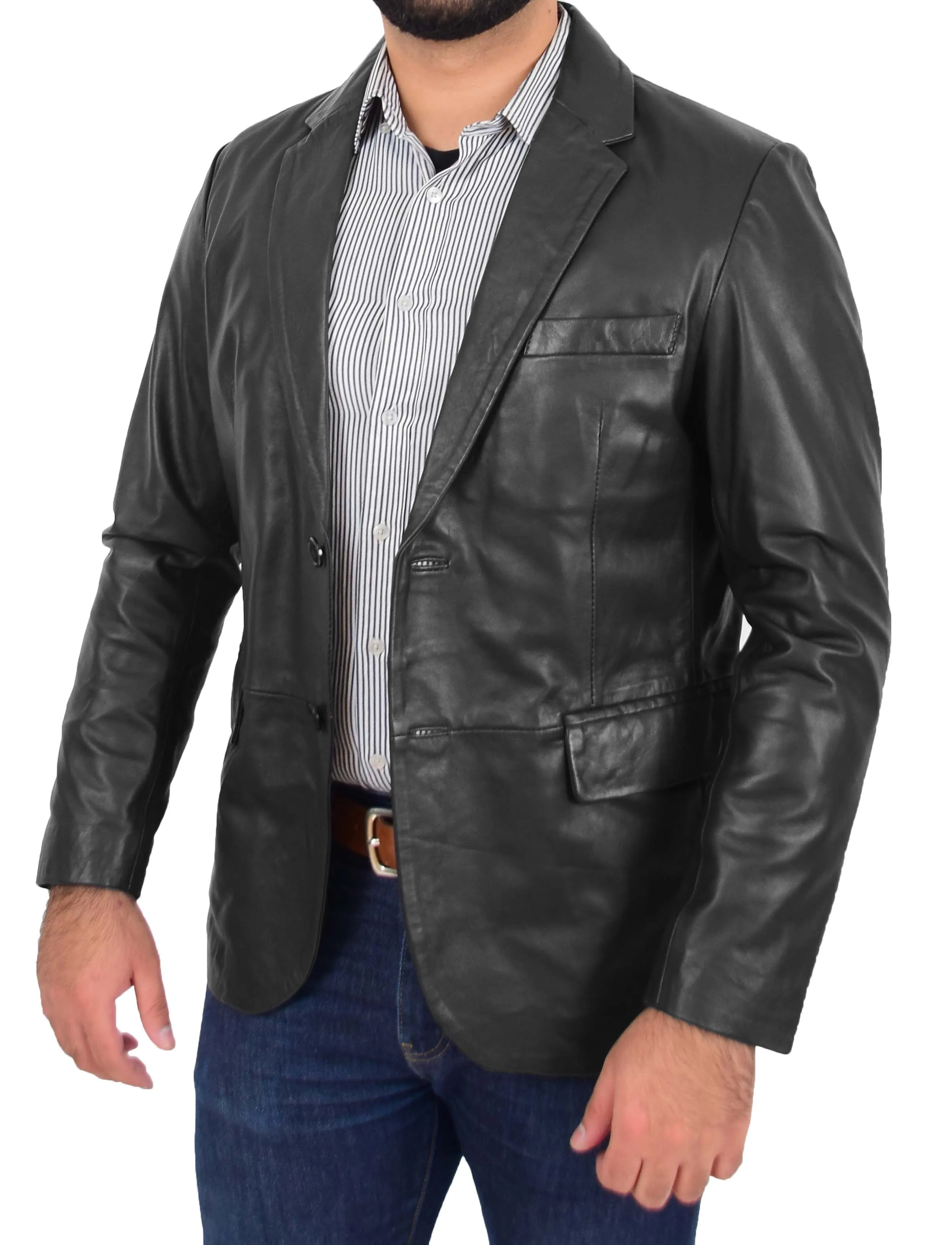 Mens Blazer Leather Jacket Fitted 2 Button Fasten Donnie Black