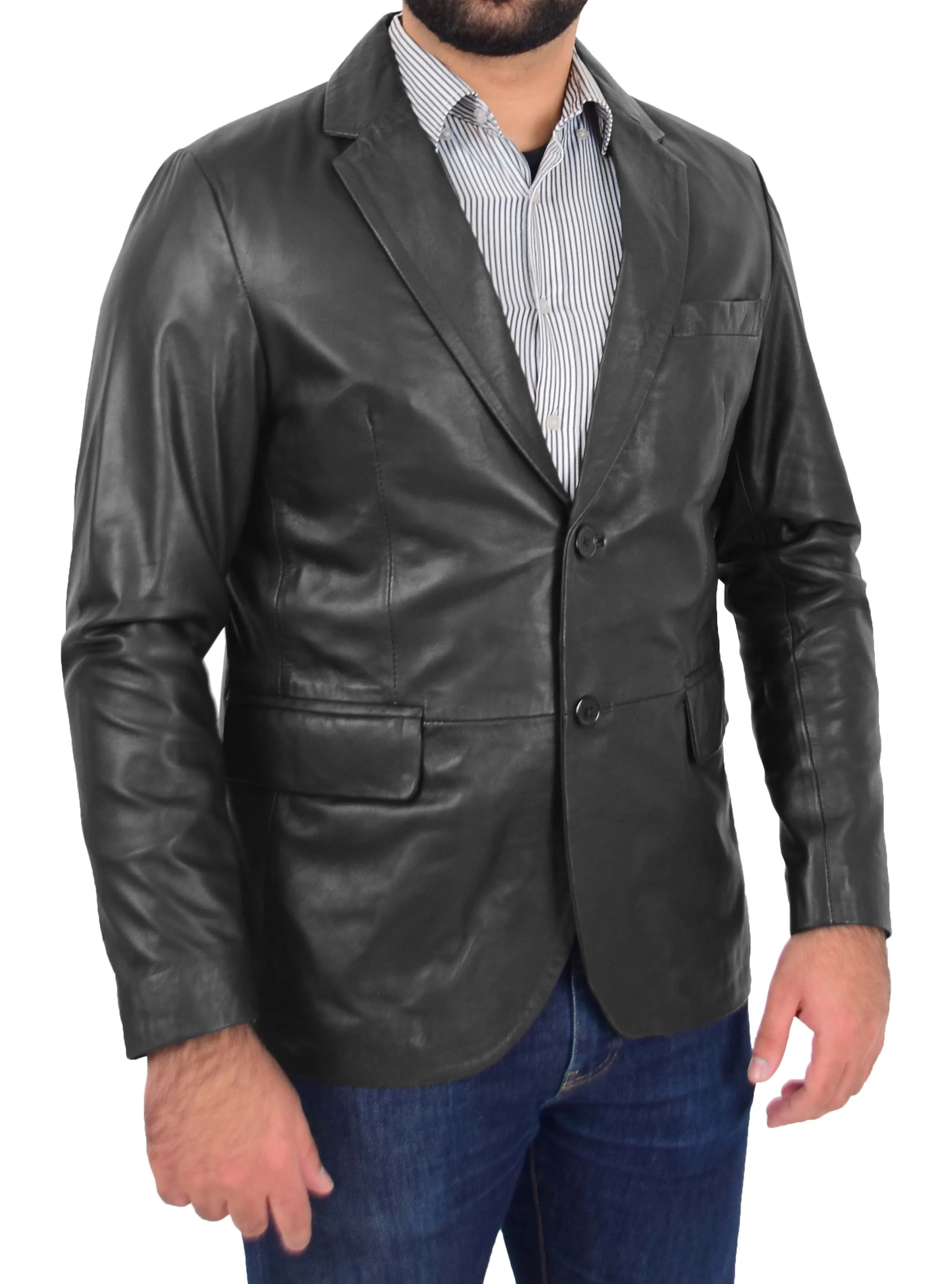 Mens Blazer Leather Jacket Fitted 2 Button Fasten Donnie Black