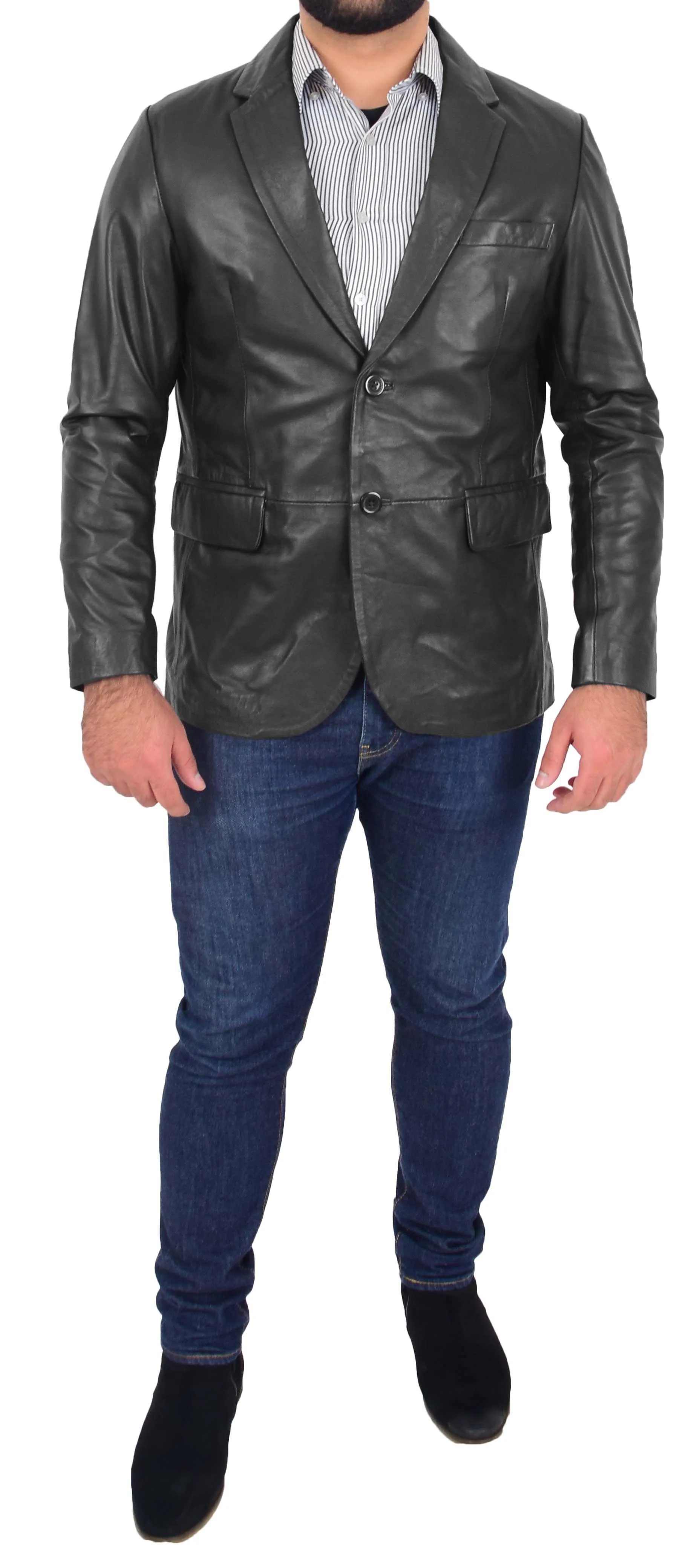 Mens Blazer Leather Jacket Fitted 2 Button Fasten Donnie Black