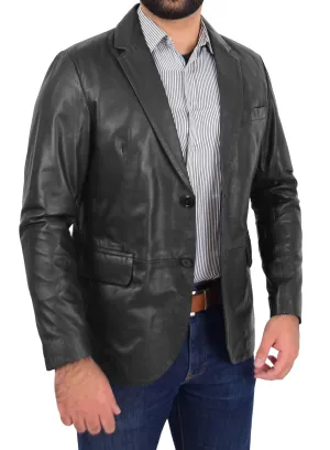 Mens Blazer Leather Jacket Fitted 2 Button Fasten Donnie Black