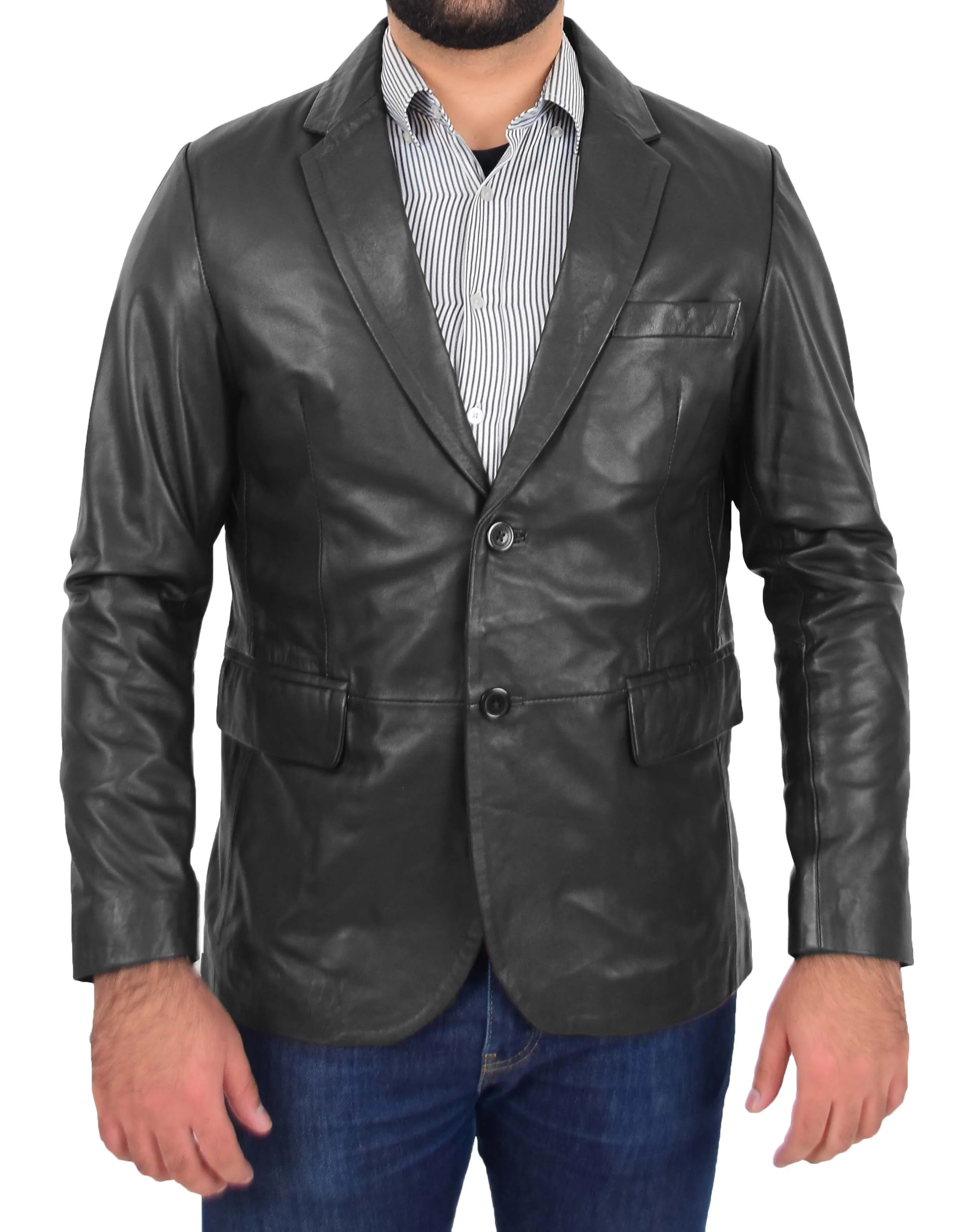 Mens Blazer Leather Jacket Fitted 2 Button Fasten Donnie Black