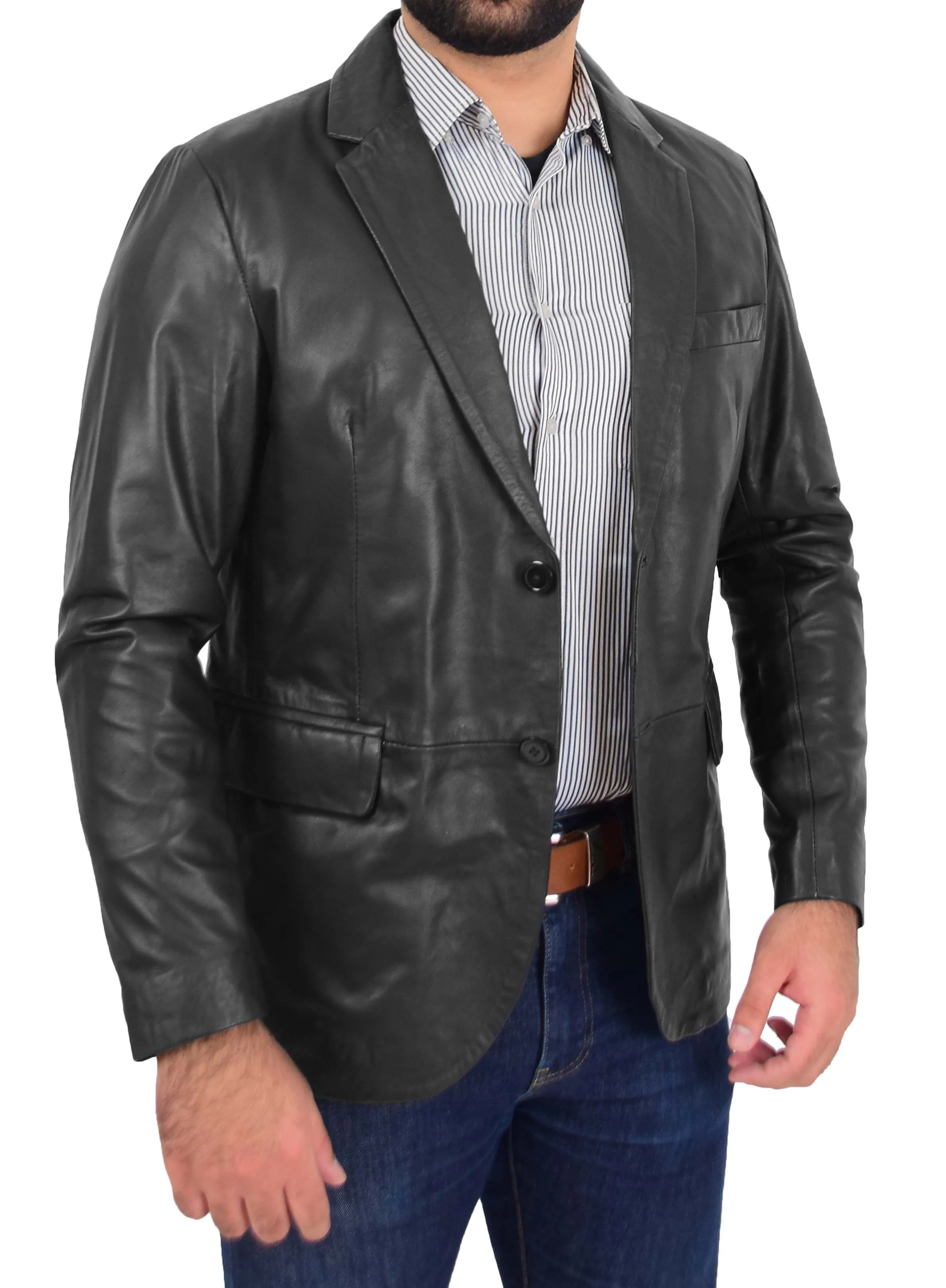 Mens Blazer Leather Jacket Fitted 2 Button Fasten Donnie Black