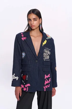 Navy blue Embroidery Sticker Blazer Jacket