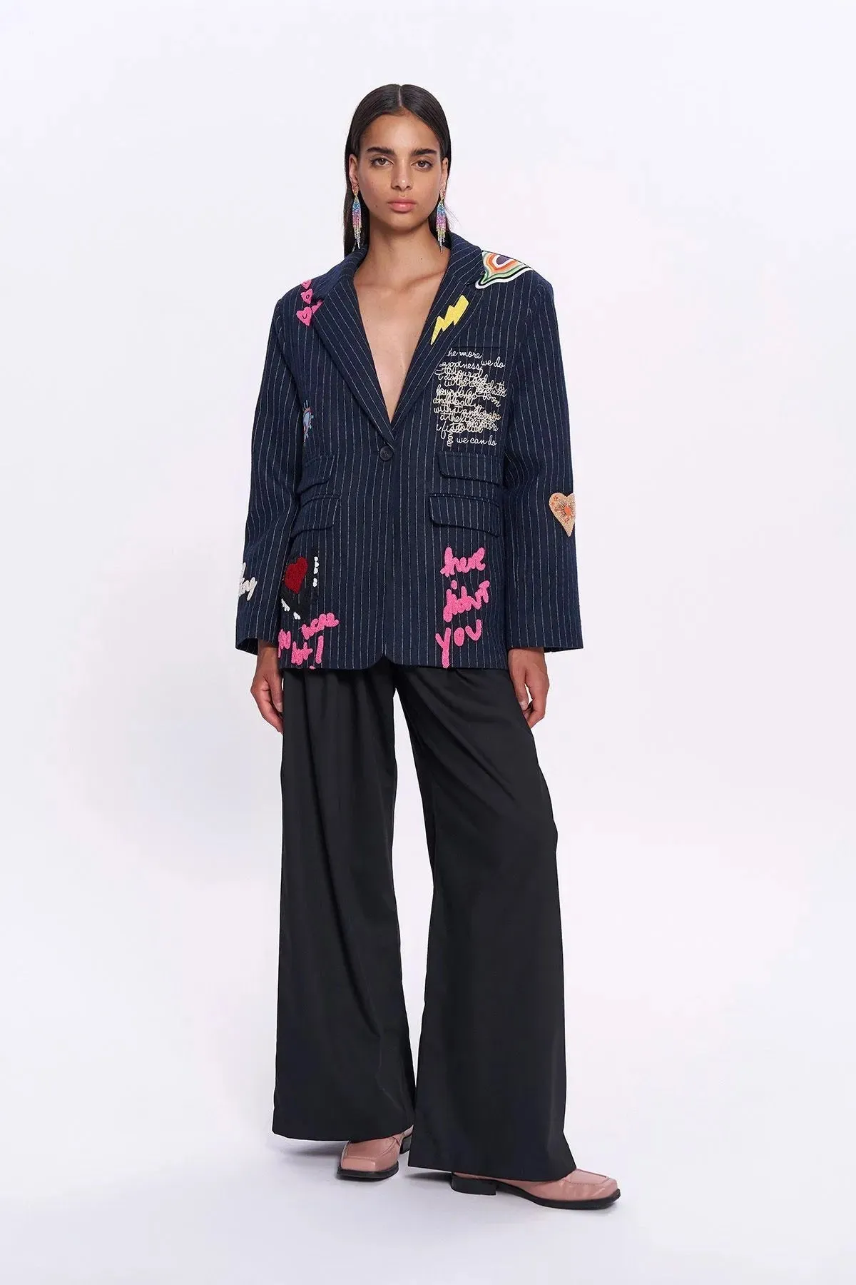 Navy blue Embroidery Sticker Blazer Jacket