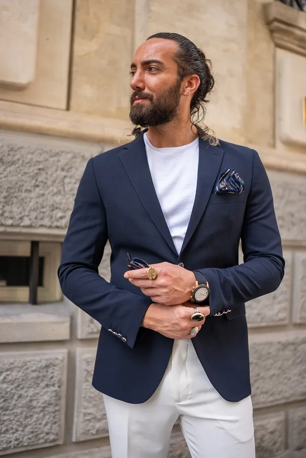 Navy Blue Slim Fit Notch Lapel Blazer for Men | GentWith.com