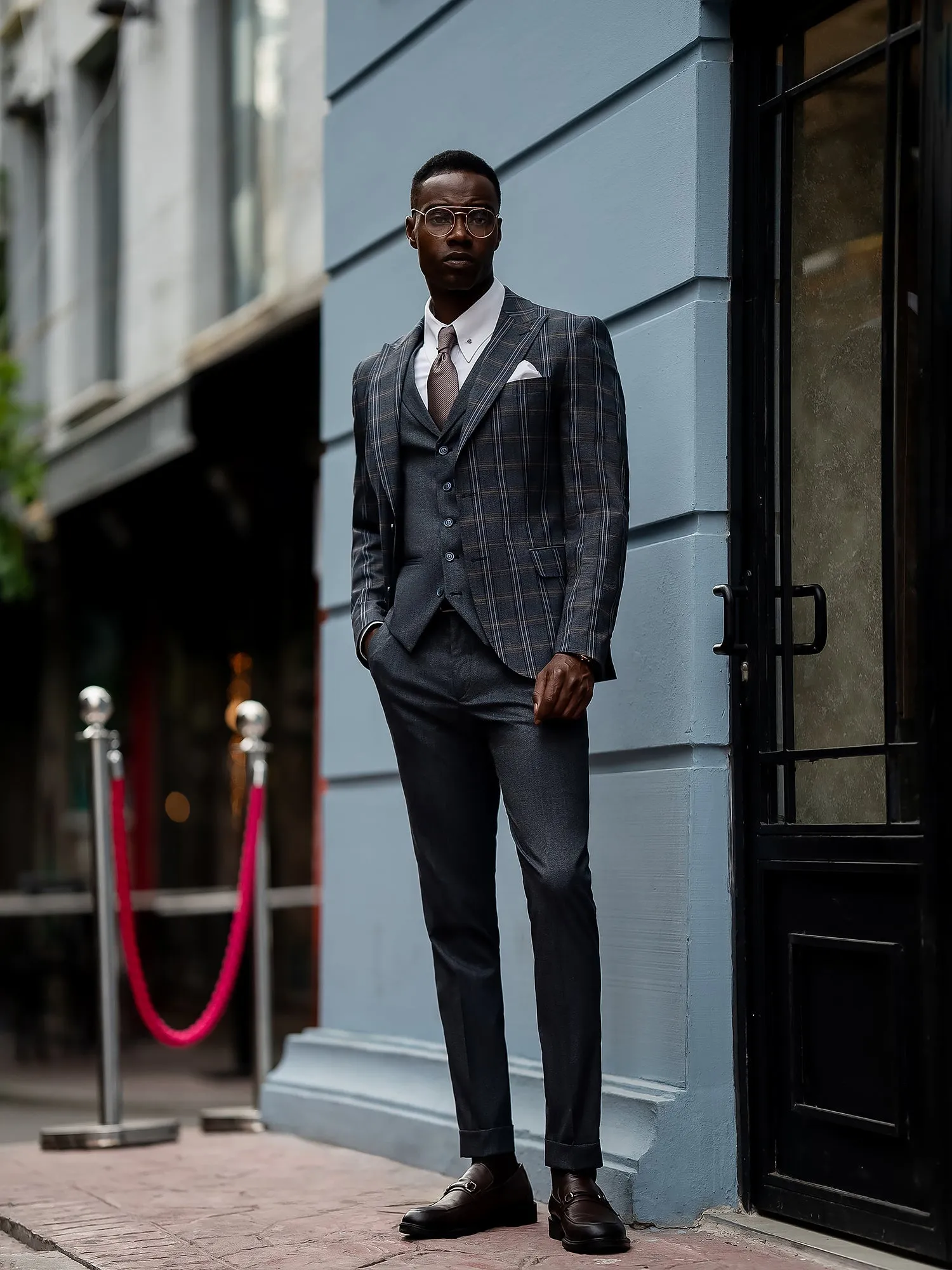 Navy Plaid Slim-Fit Suit 3-Piece