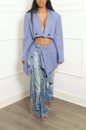 Pastel blue Vintage Two piece suit Denim fringe (M/L)