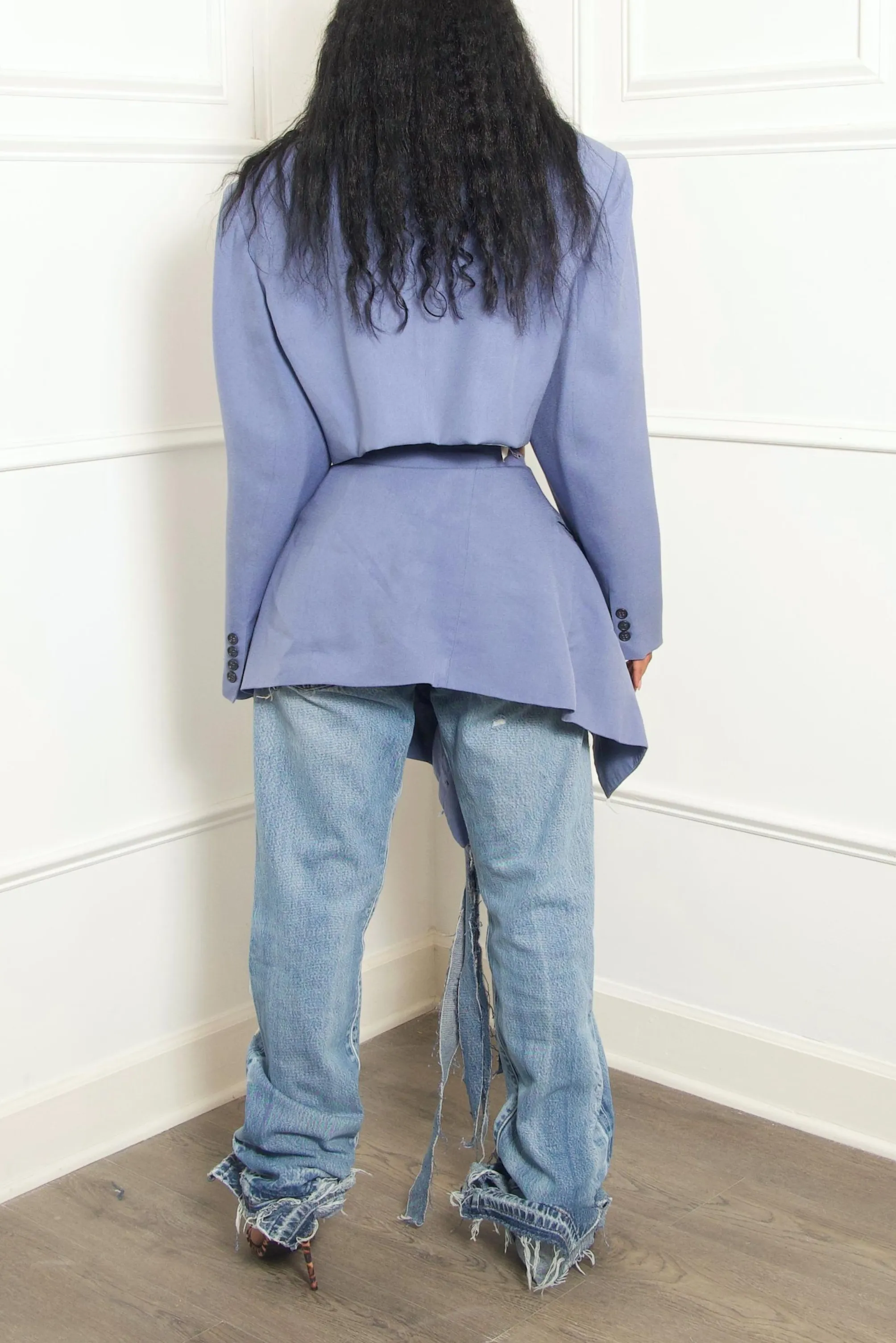 Pastel blue Vintage Two piece suit Denim fringe (M/L)