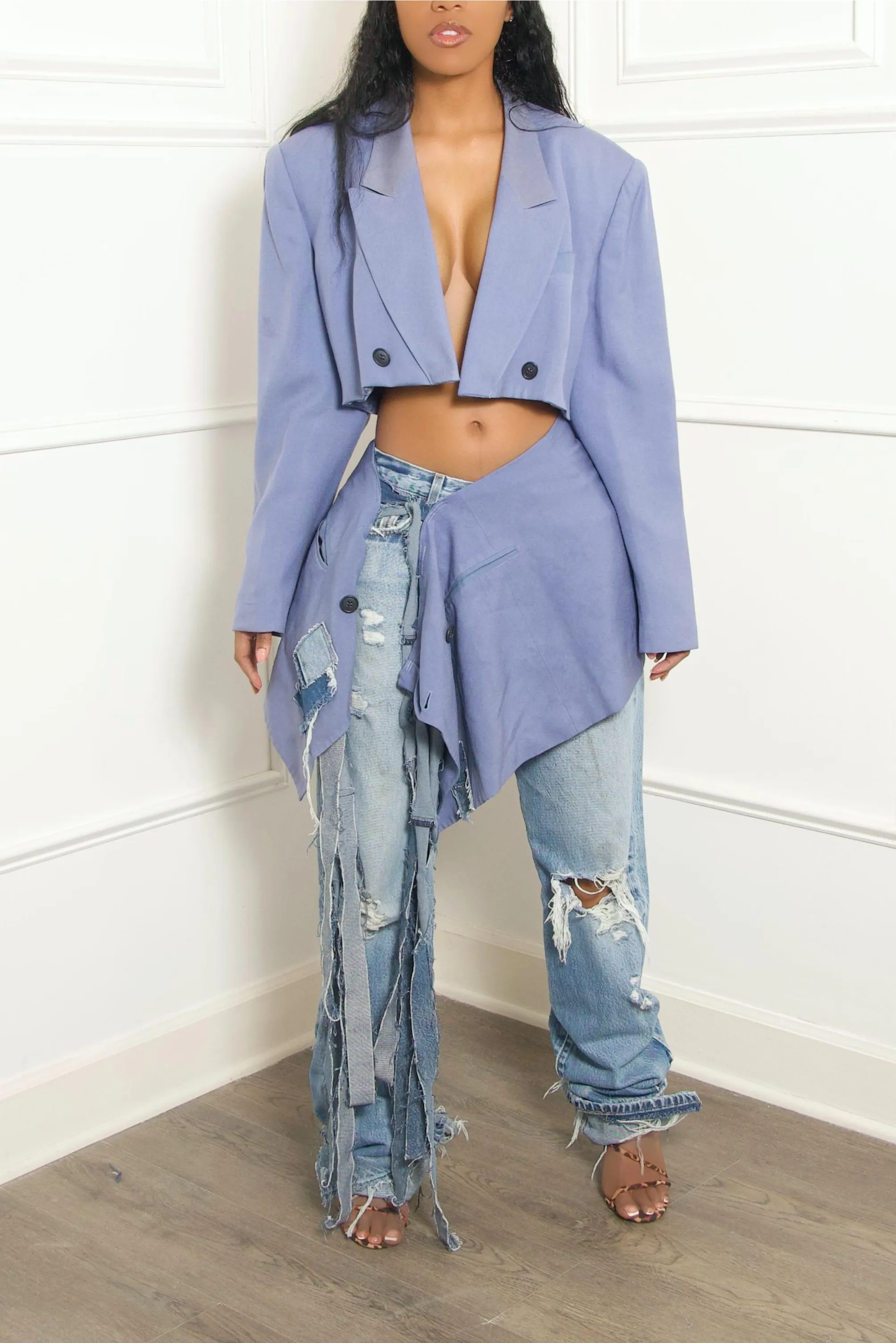 Pastel blue Vintage Two piece suit Denim fringe (M/L)