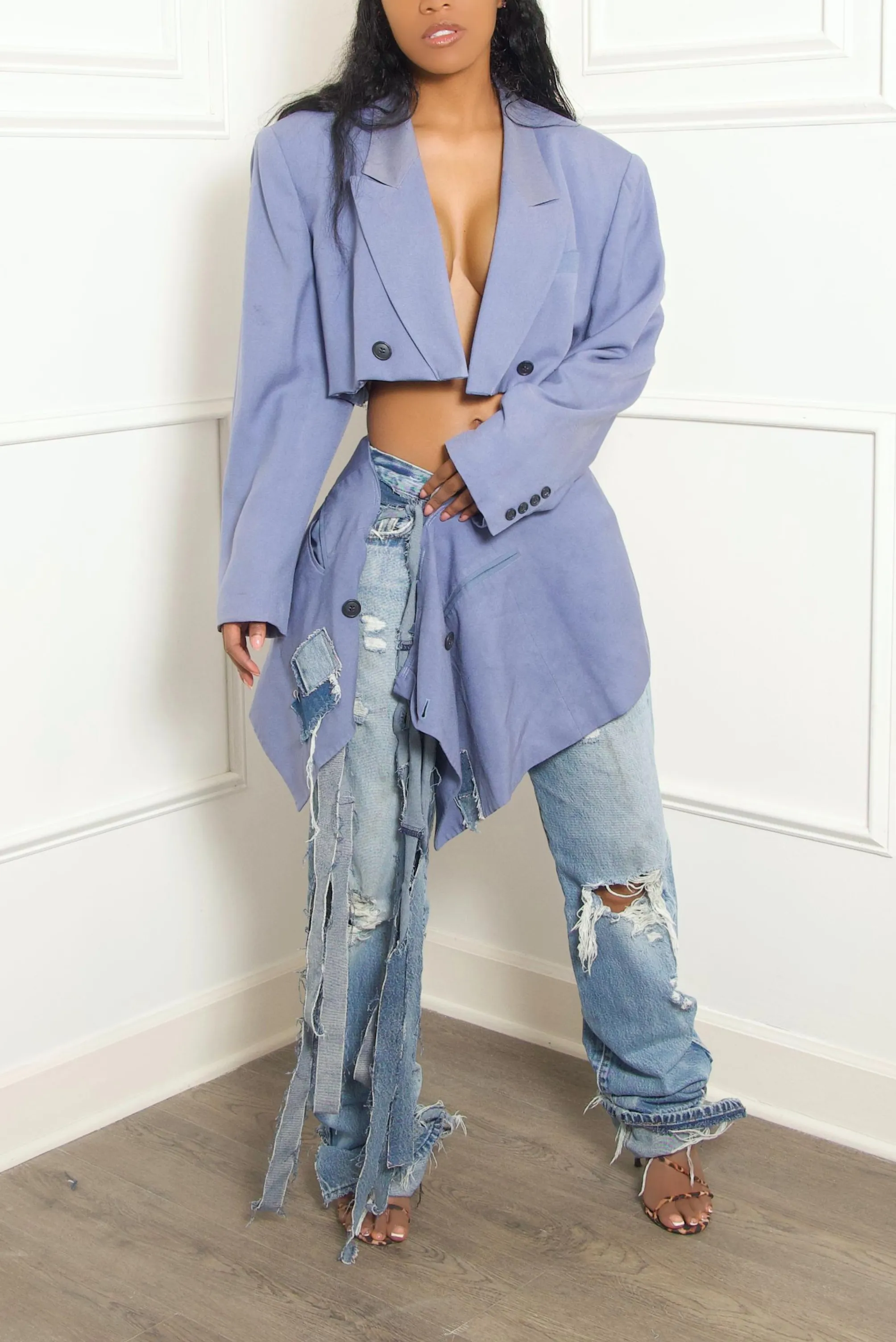 Pastel blue Vintage Two piece suit Denim fringe (M/L)
