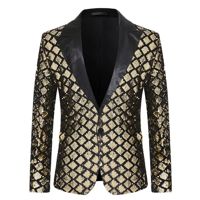 Plaid Pattern Sequins Groom Tuxedo Style Men Blazer