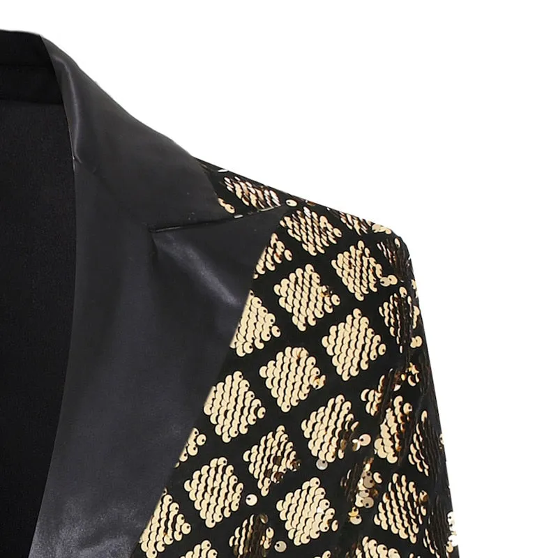 Plaid Pattern Sequins Groom Tuxedo Style Men Blazer