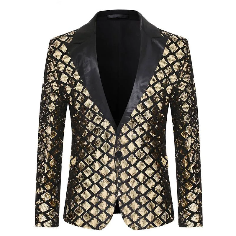 Plaid Pattern Sequins Groom Tuxedo Style Men Blazer