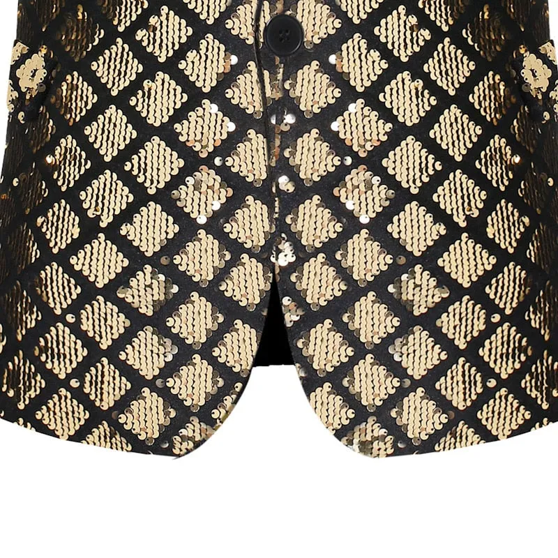Plaid Pattern Sequins Groom Tuxedo Style Men Blazer